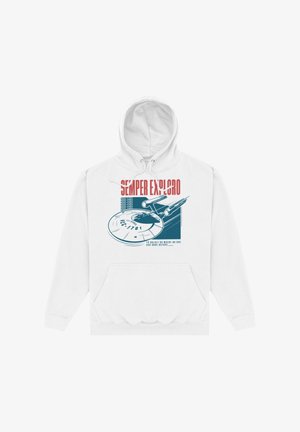 Felpa bianca con cappuccio con grafica di astronave, testo rosso "SEMPER EXPLORO" e testo più piccolo "Per andare coraggiosamente dove nessuno è mai andato prima."