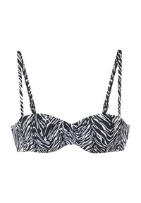 Zwart-wit zebra print bikini top met verstelbare bandjes, gevoerde cups en geplooide details in het midden. Rekbare synthetische stof.