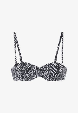Bikini gornji dio u crno-bijelom uzorku zebre s podesivim naramenicama, podstavljenim čašama i nabranim detaljima u središtu. Elastični sintetički materijal.