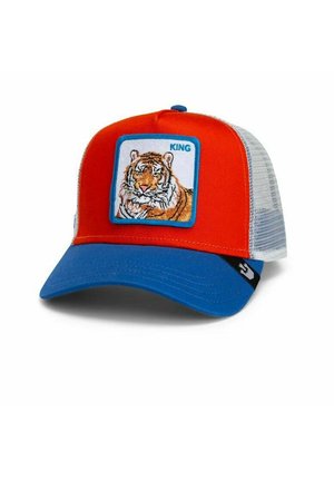 Gorra tipo camionero roja y azul con parte trasera de malla blanca, con un parche de tigre etiquetado con "KING" en el panel delantero.