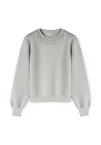 Felpa grigia chiara con maniche lunghe e a sbuffo, vestibilità rilassata e un colletto decorativo con perline. Tessuto morbido e polsini a costine.