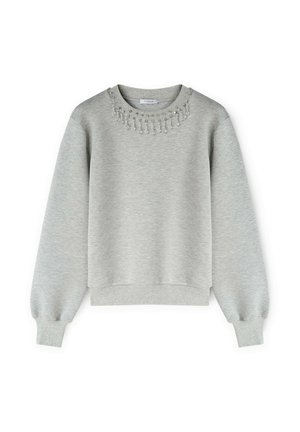 Felpa grigia chiara con maniche lunghe e a sbuffo, vestibilità rilassata e un colletto decorativo con perline. Tessuto morbido e polsini a costine.