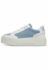 Blue denim and white synthetic sneakers with a platform sole, featuring a textured upper and metallic accent on the heel.