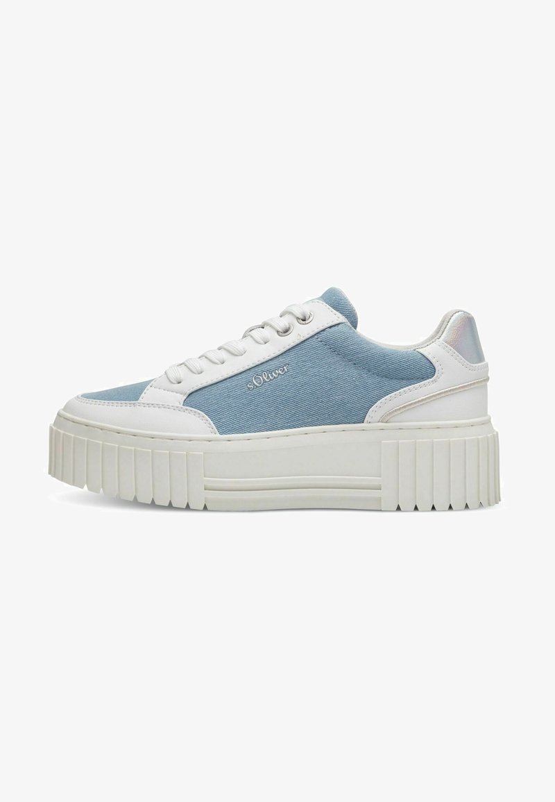 Blue denim and white synthetic sneakers with a platform sole, featuring a textured upper and metallic accent on the heel.