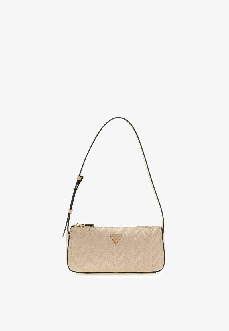 Beige rechteckige gesteppte Schultertasche mit dünnem verstellbarem Riemen und goldenem Reißverschluss, mit kleinem dreieckigem Logo auf der Vorderseite.