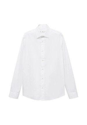 Vit långärmad skjorta med knappar, krage och rak skärning, med en slät textur och sex knappar framtill. Inga mönster eller detaljer.