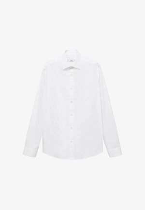 Vit långärmad skjorta med knappar, krage och rak skärning, med en slät textur och sex knappar framtill. Inga mönster eller detaljer.