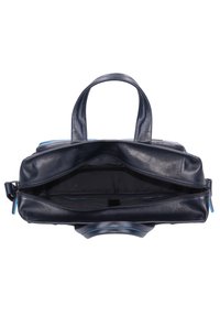 Borsa a mano in pelle blu navy con doppi manici, chiusura con zipper e dettagli blu. L'interno presenta una fodera liscia e una tasca con zip.