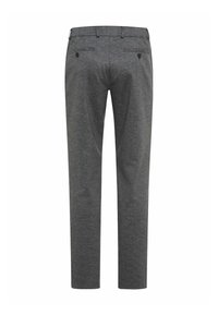 Pantalons taillés gris avec une texture lisse, design à jambe droite et deux poches arrière avec fermetures à bouton.