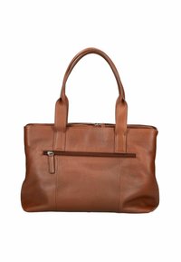 Borsa in pelle marrone con due manici e tasca frontale con zip, forma rettangolare e finitura testurizzata.