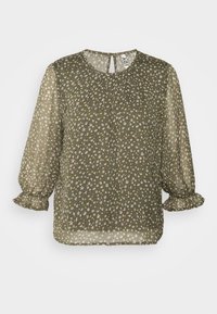 Durchsichtige olivgrüne Bluse mit einem kleinen weißen und gelben floralen Muster, dreiviertellangen Puffärmeln, rundem Ausschnitt und gerafften Manschetten.