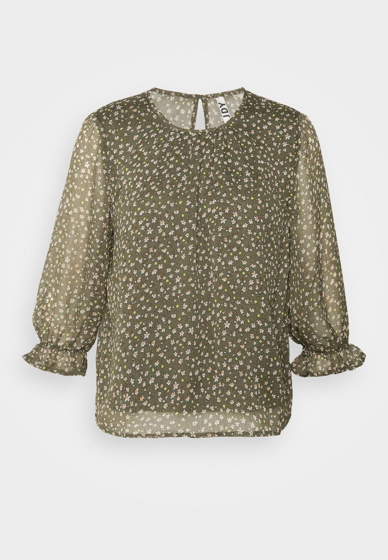 Durchsichtige olivgrüne Bluse mit einem kleinen weißen und gelben floralen Muster, dreiviertellangen Puffärmeln, rundem Ausschnitt und gerafften Manschetten.