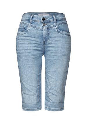 Shorts en denim bleu clair avec une coupe ajustée, comportant deux poches avant, deux poches arrière et une fermeture à bouton à la taille.