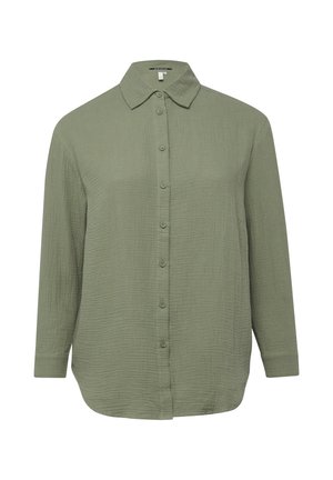 Langärmliges, knöpfbares Hemd mit Struktur in gedämpftem Olivgrün, mit spitzem Kragen und abgerundetem Saum.