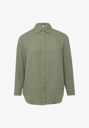 Langärmliges, knöpfbares Hemd mit Struktur in gedämpftem Olivgrün, mit spitzem Kragen und abgerundetem Saum.