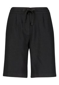 Zwarte linnen short met een tailleband met trekkoord, een ontspannen pasvorm en knielengte. Heeft rechte zoom en twee zijzakken.