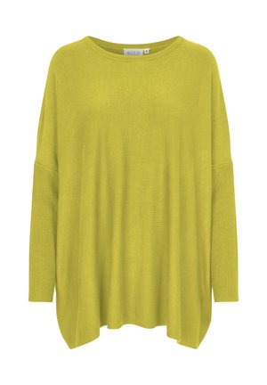 Heldere gele oversized trui, gemaakt van zacht gebreid stof. Beschikt over verlaagde schoudernaden en geribbelde accenten bij de manchetten en de zoom.