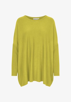 Lyse gul oversized sweater lavet af blødt strikket stof. Features dropped shoulder seams og ribbede detaljer ved ærmerne og kanten.