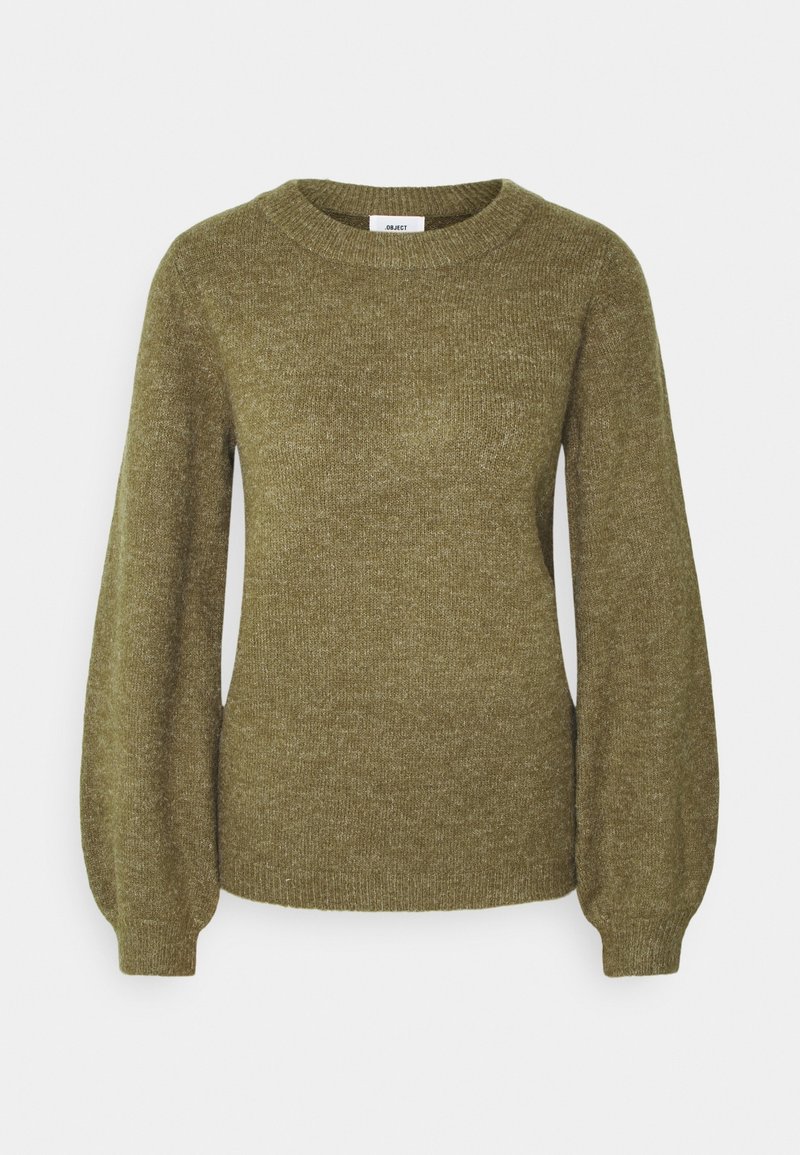 Pull en tricot vert olive avec manches longues bouffantes, poignets côtelés et col rond.