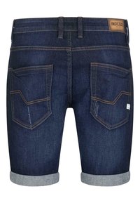 Dunkelblaue Jean-Shorts mit umgeschlagenen Säumen, zwei Gesäßtaschen mit detaillierter Stickerei und einem markierten Lederpatch am Bund.