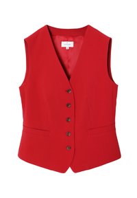 Sile punane ilma varrukateta vest, mis on valmistatud siledast kangast, millel on V-kujuline kaelus, viis pruuni nööpi ja kaks esist pocketit, et luua struktureeritud välimus.