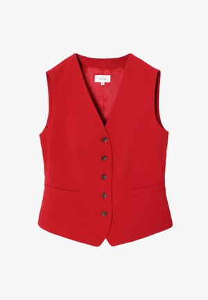 Gilet sans manches rouge en tissu lisse, avec un col en V, cinq boutons marron et deux poches à l'avant pour un look structuré.