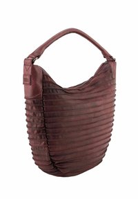 Sac hobo en cuir bordeaux avec des plis verticaux, une silhouette incurvée et une seule bandoulière, doté d'une fermeture zippée en haut.
