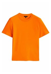 T-shirt arancione brillante a maniche corte in cotone. Design classico a girocollo con una texture liscia e senza motivi o accenti visibili.