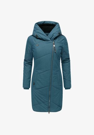 Teal quilted long coat featuring a large hood, zip closure, two side pockets, and a diagonal seam pattern for added texture.
