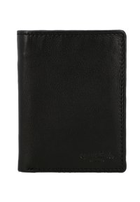 Sorte læderpunge med en glat overflade, bifold design og diskret syning. Har prægede logo i nederste højre hjørne.