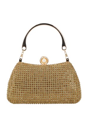 Kis arany estélyi táska, arany strasszokkal díszítve, gyöngy- és strasszkapoccsal, valamint fémes arany fogantyúval.