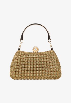 Kleine goldene Abendclutch, verziert mit goldenen Strasssteinen, einem Perlen- und Strassverschluss und einem metallisch goldenen Griff.