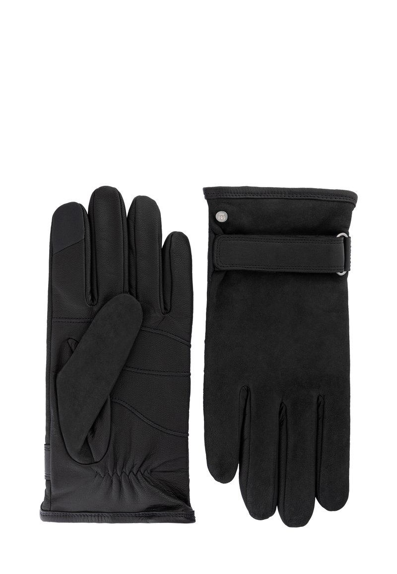 Gants noirs en cuir et daim, présentant une texture lisse, des doigts droits, et un poignet avec une sangle et un détail en métal à pression.