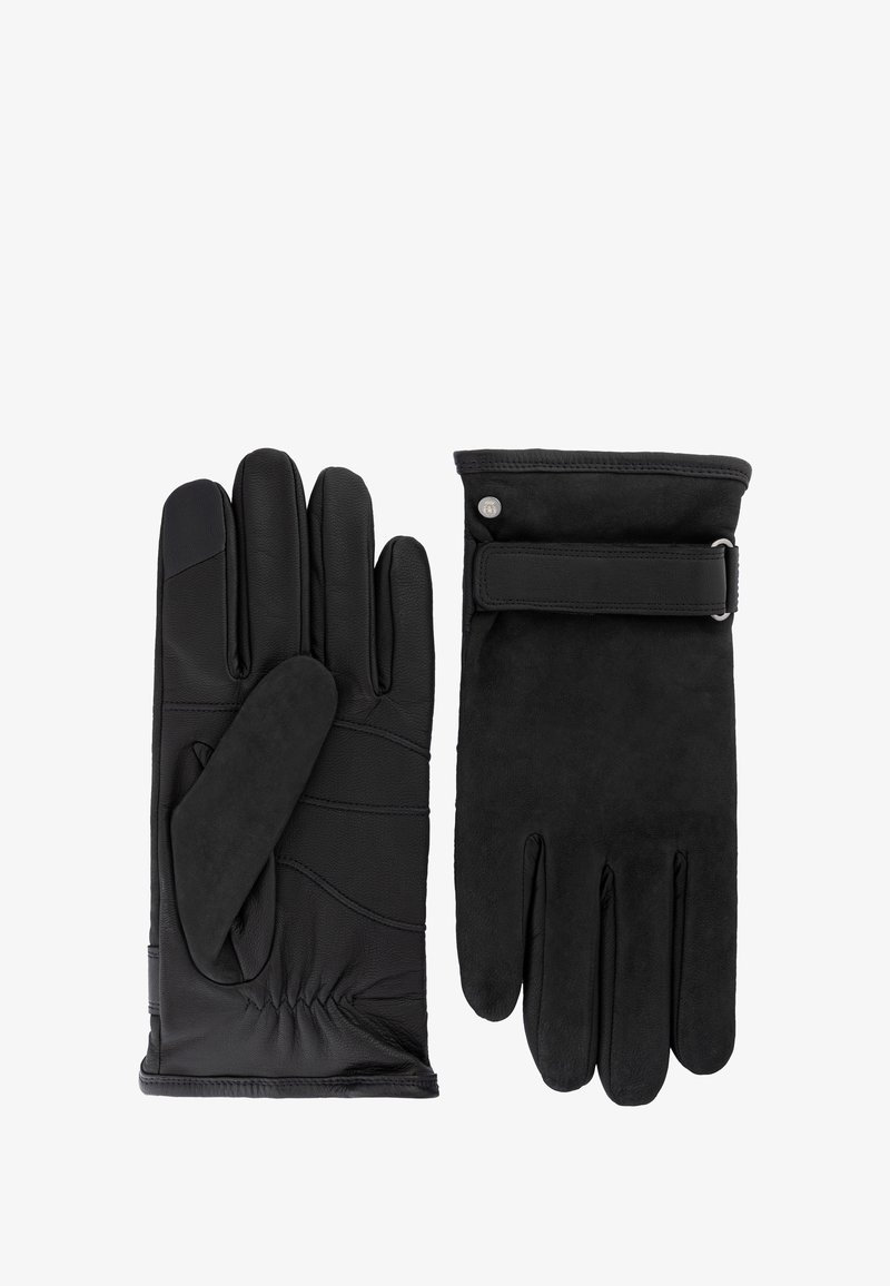 Gants noirs en cuir et daim, présentant une texture lisse, des doigts droits, et un poignet avec une sangle et un détail en métal à pression.