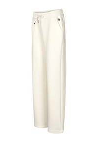 Valged laiad püksid, mis on valmistatud pehmest kangast, varustatud elastse vöökoha ja tõmblintidega, küljetaskute ning tagasihoidliku logoga.