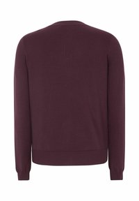 Dunkellila langärmliger Strickpullover mit gerippten Bündchen und Saum, Rückansicht vor weißem Hintergrund.