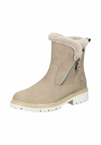 Beige Knöchelstiefel aus Kunstwildleder, mit einem gefütterten Saum, Reißverschlussdetail und einer klobigen weißen Sohle mit einem strukturierten Muster.