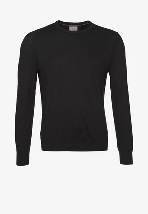 Černý svetr s dlouhým rukávem z měkké látky, s kulatým výstřihem a žebrovanými manžetami a lemem. Minimalistický design, bez vzorů nebo kovových doplňků.