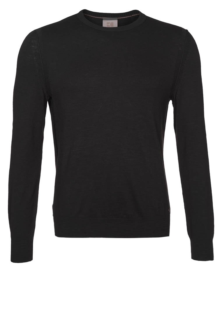 Suéter negro de manga larga hecho de una tela suave, con escote redondo y puños y dobladillo acanalados. Diseño minimalista, sin estampados ni herrajes.