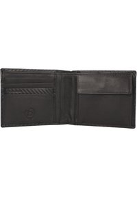 Portefeuille en cuir noir doté de plusieurs emplacements pour cartes, d'une poche plate et d'un intérieur texturé. Conçu dans un style minimaliste avec un branding subtil.