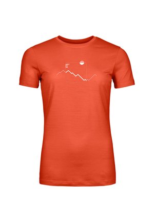 Red cotton t-shirt featuring a minimalist white mountain graphic and sun design on the front. Short sleeves and a crew neckline.