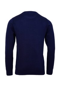 Suéter de manga larga azul oscuro mostrado desde la parte de atrás, con cuello redondo y puños y dobladillo acanalados.