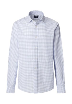 Camicia a maniche lunghe a quadretti blu chiaro e bianca, in tessuto di cotone, con colletto button-down, bottoni frontali, orlo dritto e polsini con un bottone.