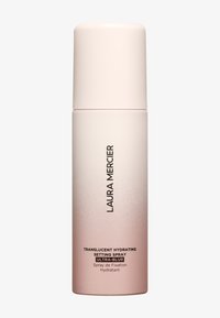 Przezroczysty nawilżający spray utrwalający w butelce w gradientzie różowego do białego koloru z czarnym nadrukiem, cylindryczny kształt, gładka faktura, elegancki design.