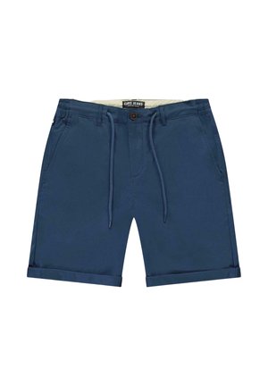 Marineblauwe shorts van lichtgewicht stof, met een taillekoord, opgerolde pijpen, twee zijzakken en een knoopsluiting.