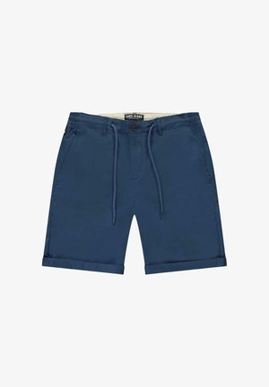 Marineblauwe shorts van lichtgewicht stof, met een taillekoord, opgerolde pijpen, twee zijzakken en een knoopsluiting.