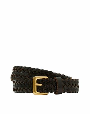 Dark brown braided leather belt with gold rectangular buckle, coiled and resting against a white background.