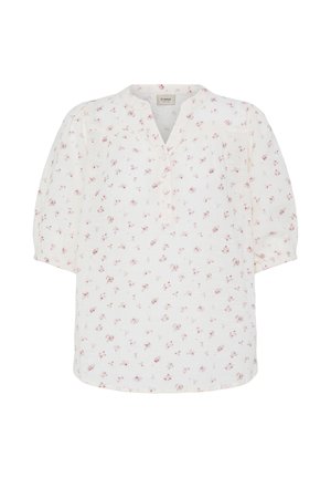 Hvid bluse med lille lyserødt blomsterprint, V-udskæring med tre knapper og trekvart pufærmer.