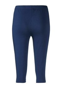 Navyblauwe capri leggings van een rekbare katoenmix, met een elastische tailleband en een gladde textuur, zonder zakken of versieringen.