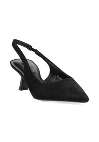 Tacones destalonados de ante negro con punta afilada, tacón bajo cuadrado y una correa ajustable para un ajuste seguro. Forro interior suave.